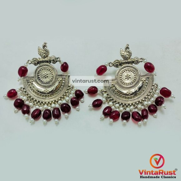 Oxidized Big Earrings With Beads, Handmade Unique Style Earrings, Indian Oxidize - Picture 4 of 7